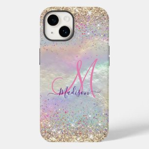 Cute iridescent faux gold glitter monogram Case-Mate iPhone 14 case
