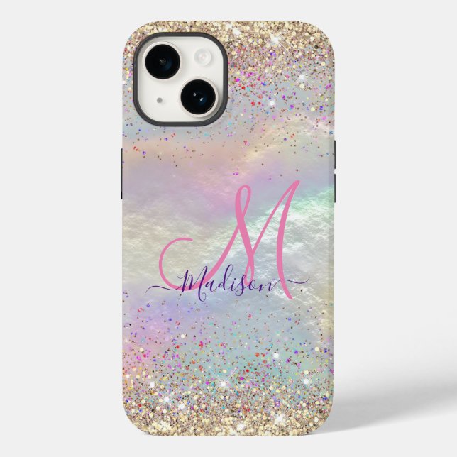 Cute iridescent faux gold glitter monogram Case-Mate iPhone case (Back)