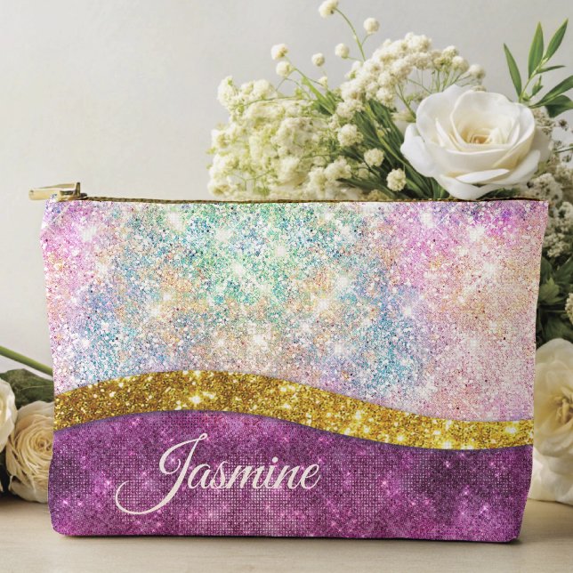 Cute iridescent fuchsia gold faux glitter monogram accessory pouch (Creator Uploaded)
