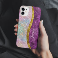 Cute iridescent fuchsia gold faux glitter monogram