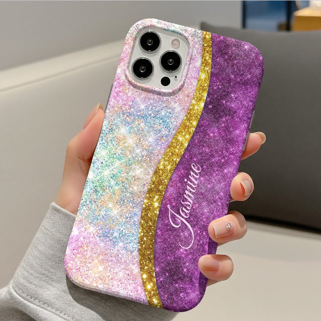 Cute iridescent fuchsia gold faux glitter monogram Case-Mate iPhone case (Creator Uploaded)