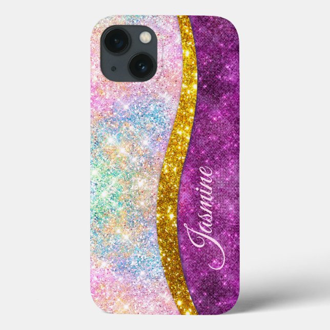 Cute iridescent fuchsia gold faux glitter monogram Case-Mate iPhone case (Back)