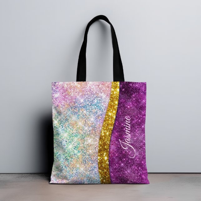 Cute iridescent fuchsia gold faux glitter monogram tote bag (Creator Uploaded)