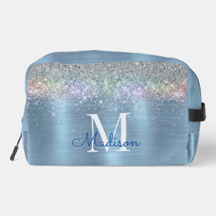 Cute iridescent ice blue glitter monogram dopp kit