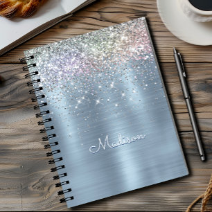 Cute iridescent ice blue glitter monogram notebook