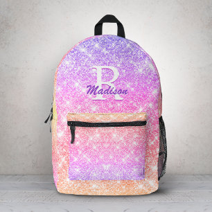 Cute iridescent ombre purple yellow faux glitter printed backpack
