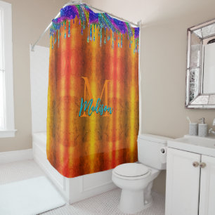Cute iridescent orange Glitter Drips monogram Shower Curtain