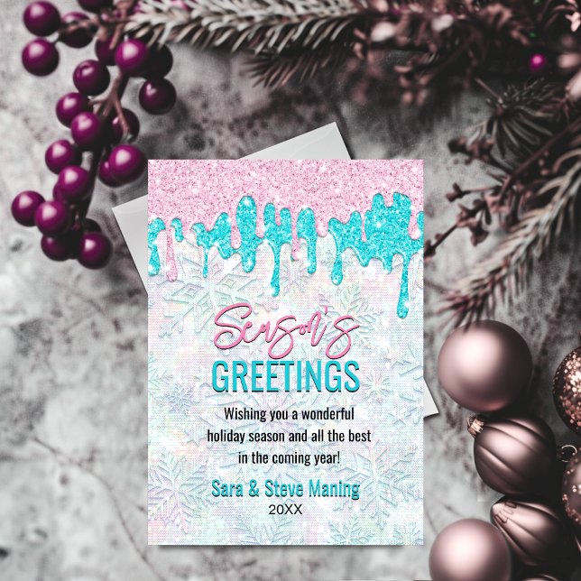 Cute iridescent pink aqua faux glitter Christmas Holiday Card (Creator Uploaded)