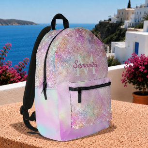 Cute iridescent pink ombre glitter monogram printed backpack