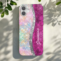 Cute iridescent pink silver faux glitter monogram