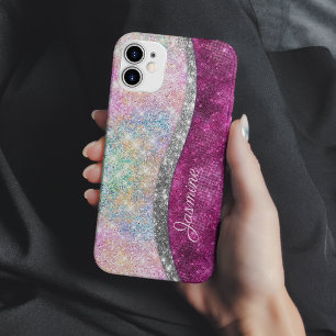 Cute iridescent pink silver faux glitter monogram iPhone 13 case