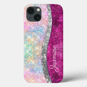 Cute iridescent pink silver faux glitter monogram iPhone 13 case