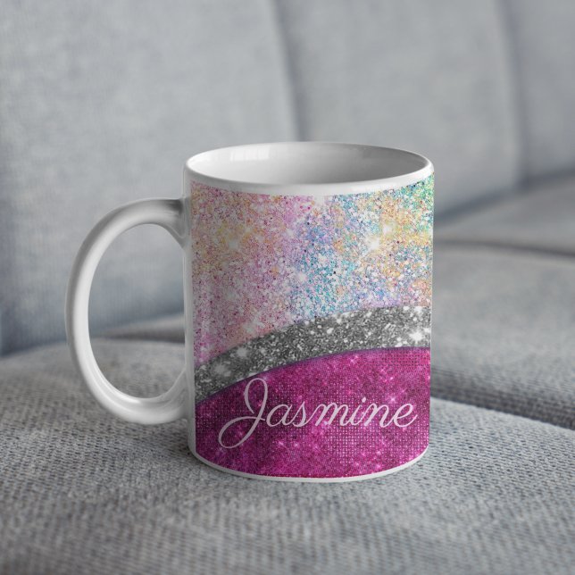 Cute iridescent pink silver faux glitter monogram coffee mug (Creator Uploaded)