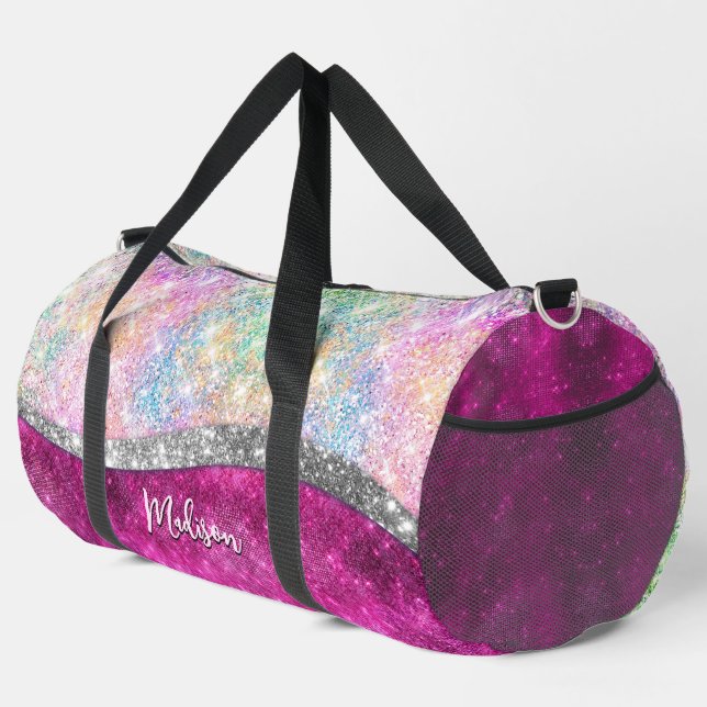 Cute iridescent pink silver faux glitter monogram duffle bag (Right Corner)