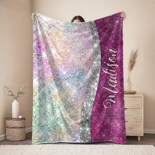 Cute iridescent pink silver faux glitter monogram fleece blanket