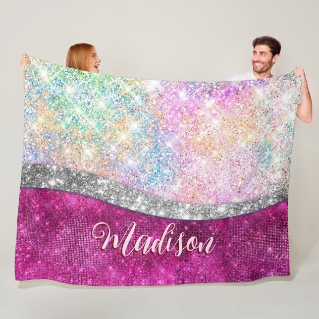 Cute iridescent pink silver faux glitter monogram fleece blanket (In Situ)