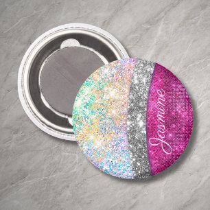Cute iridescent pink silver faux glitter monogram magnet