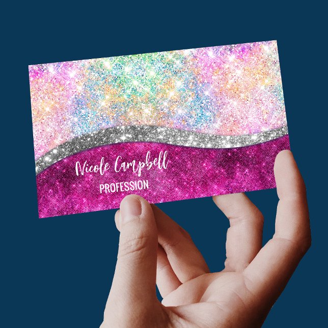 Cute iridescent pink silver faux glitter monogram magnetic business card (Creator Uploaded)