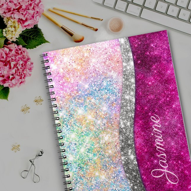 Cute iridescent pink silver faux glitter monogram notebook (Creator Uploaded)