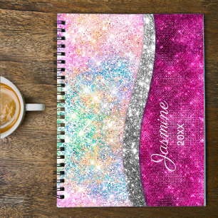 Cute iridescent pink silver faux glitter monogram planner