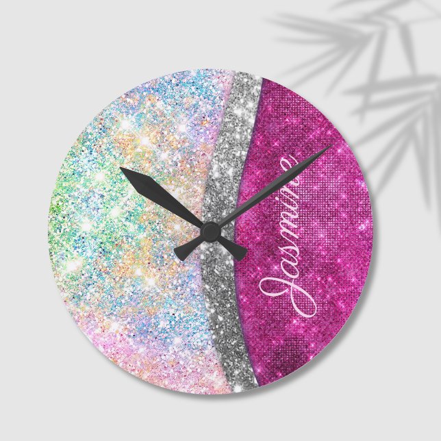 Cute iridescent pink silver faux glitter monogram round clock (Creator Uploaded)