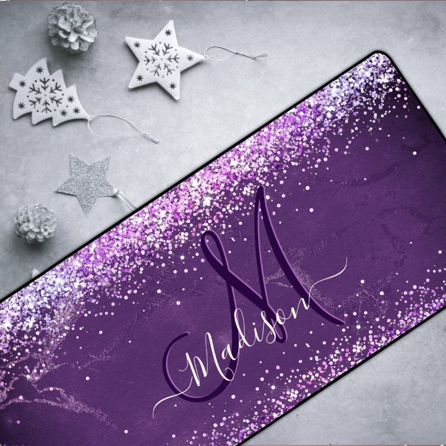 Cute iridescent purple gold faux glitter monogram desk mat (Creator Uploaded)