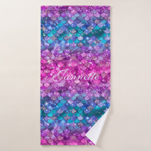 Cute Iridescent Purple Mermaid Faux Glitter Bath Towel Set