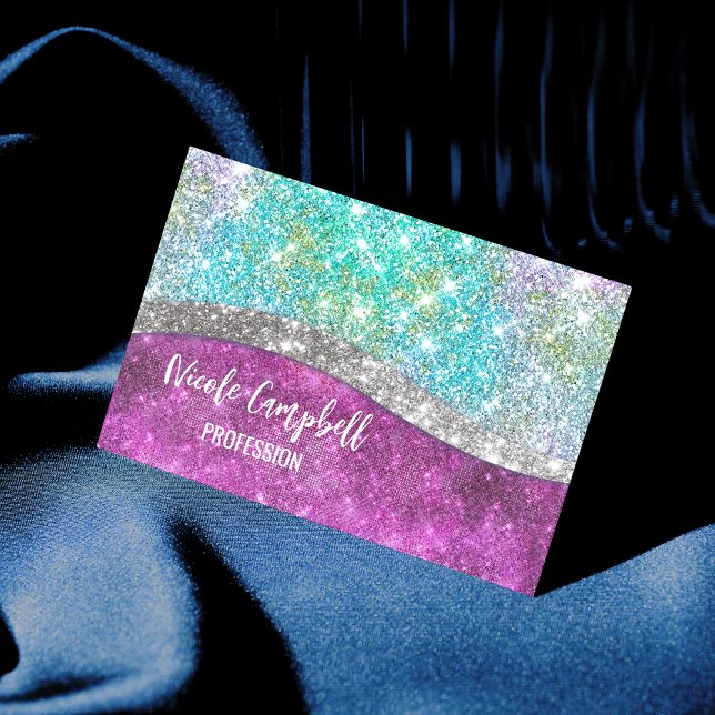 Cute iridescent purple teal faux glitter monogram business card (Creator Uploaded)