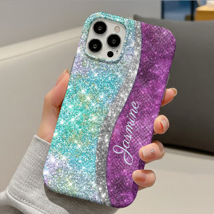 Cute iridescent purple teal faux glitter monogram iPhone 13 case