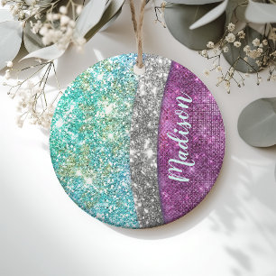 Cute iridescent purple teal faux glitter monogram ceramic tree decoration