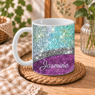 Cute iridescent purple teal faux glitter monogram coffee mug