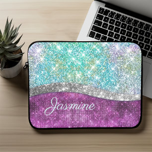 Cute iridescent purple teal faux glitter monogram laptop sleeve
