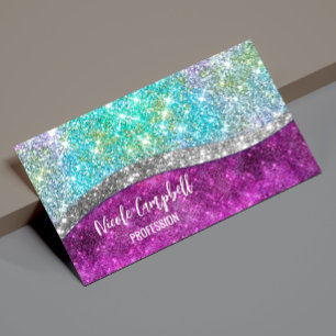 Cute iridescent purple teal faux glitter monogram magnetic business card
