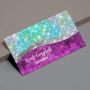 Cute iridescent purple teal faux glitter monogram magnetic business card