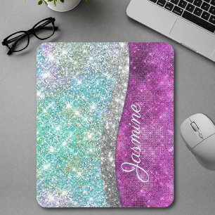 Cute iridescent purple teal faux glitter monogram mouse pad