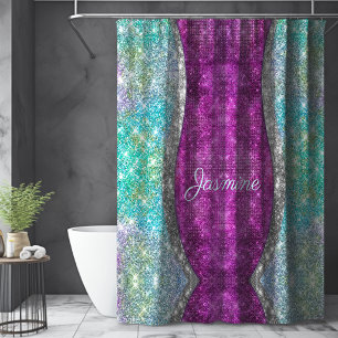 Cute iridescent purple teal faux glitter monogram shower curtain