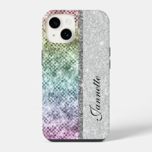 Cute Iridescent Silver Faux Glitter Monogram iPhone 14 Case