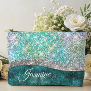 Cute iridescent turquoise faux glitter monogram accessory pouch