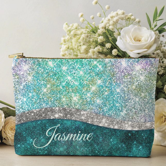 Cute iridescent turquoise faux glitter monogram accessory pouch (Creator Uploaded)