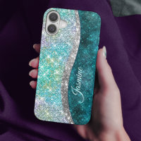 Cute iridescent turquoise faux glitter monogram