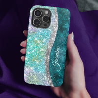 Cute iridescent turquoise faux glitter monogram