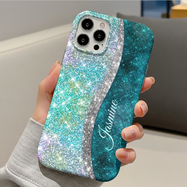 Cute iridescent turquoise faux glitter monogram Case-Mate iPhone case (Creator Uploaded)