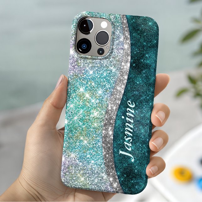 Cute iridescent turquoise faux glitter monogram Case-Mate iPhone case (Creator Uploaded)