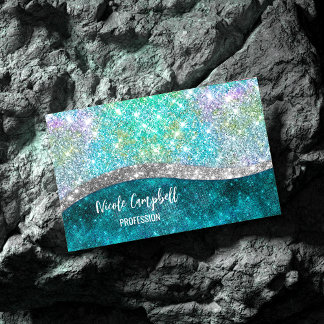 Cute iridescent turquoise faux glitter monogram magnetic business card