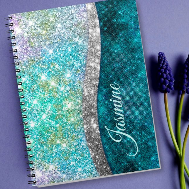 Cute iridescent turquoise faux glitter monogram notebook (Creator Uploaded)