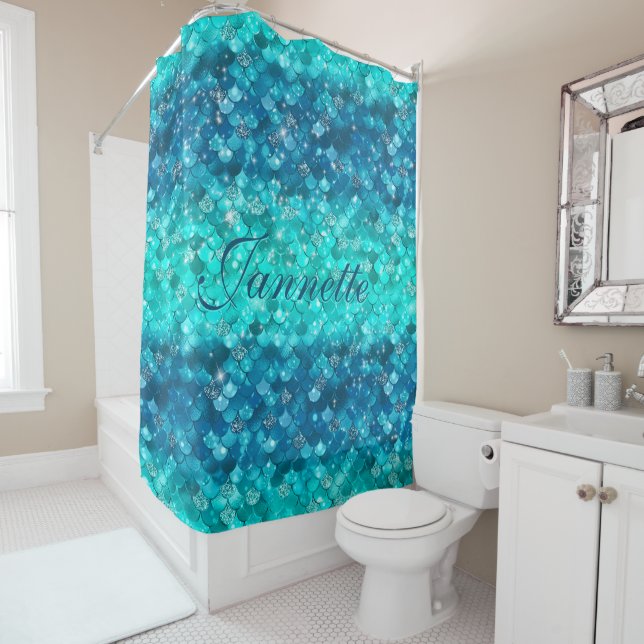 Cute Iridescent Turquoise Mermaid Faux Glitter Shower Curtain (In Situ)