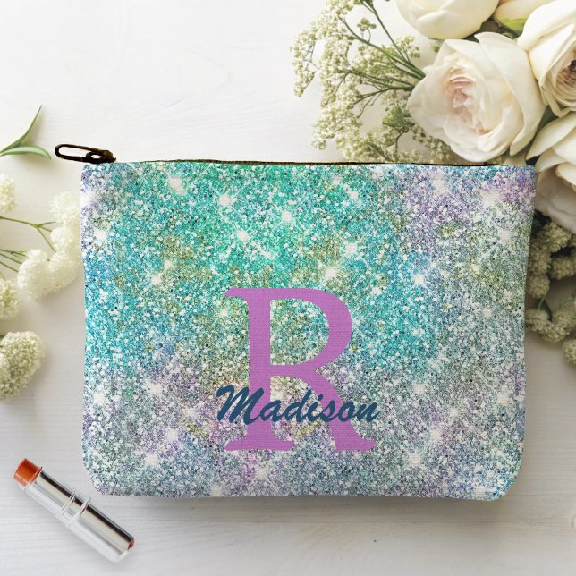Cute iridescent unicorn blue faux glitter monogram accessory pouch (Creator Uploaded)