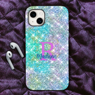 Cute iridescent unicorn blue faux glitter monogram Case-Mate iPhone 14 case