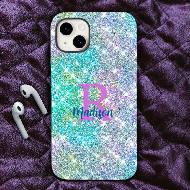 Cute iridescent unicorn blue faux glitter monogram Case-Mate iPhone case (Creator Uploaded)