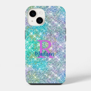 Cute iridescent unicorn blue faux glitter monogram iPhone 14 case